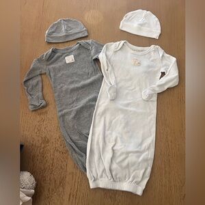 Burts bees baby gowns 0-6 months gender neutral gray and white twins hats